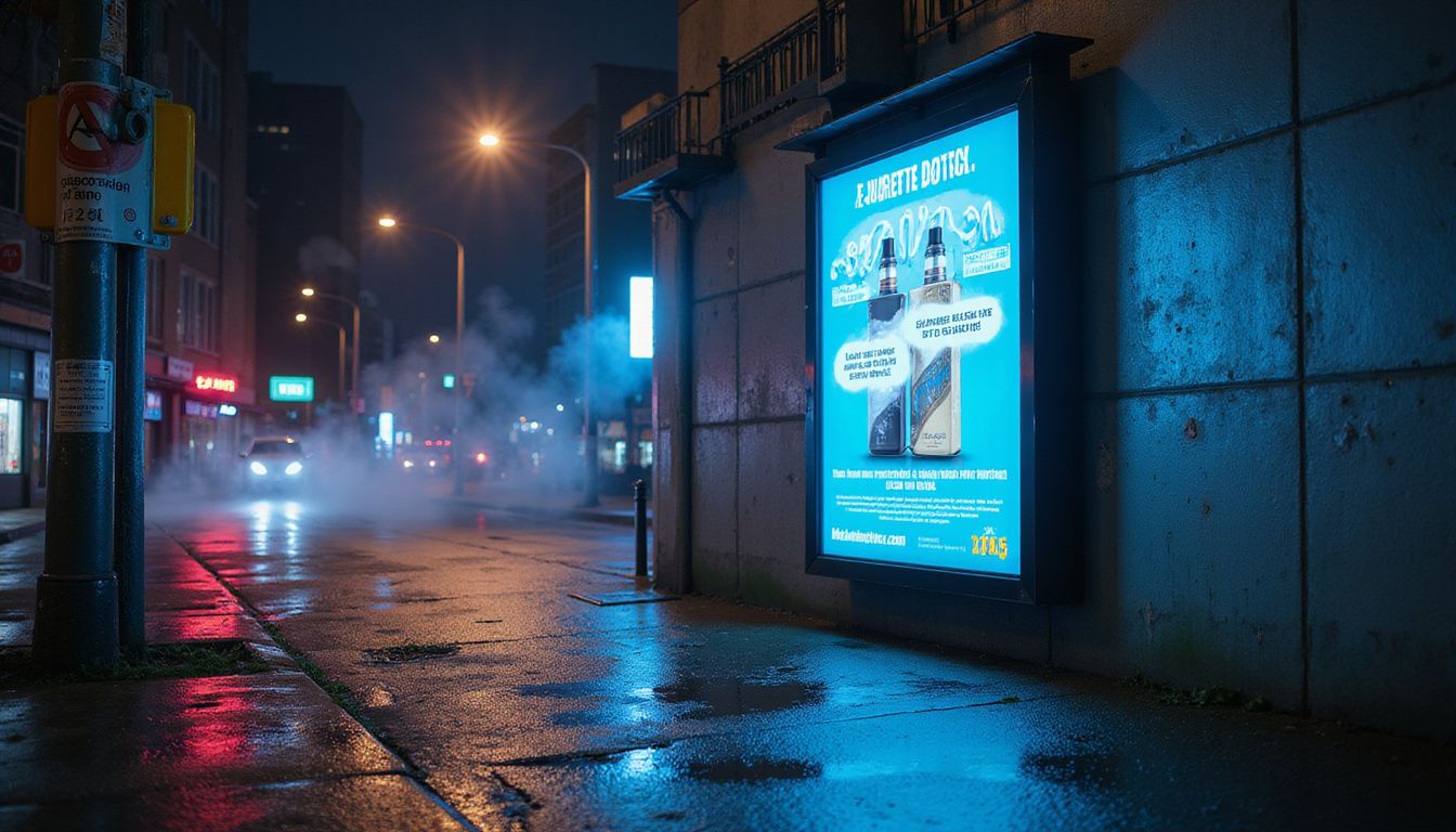 E-cigarette advertisement on a weathered billboard in a quiet city street.