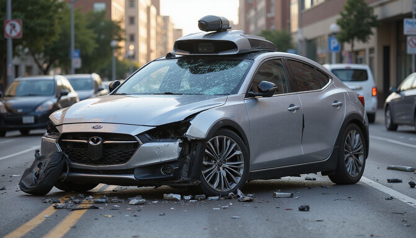 A crashed self-driving car amidst damaged vehicles on an empty street.