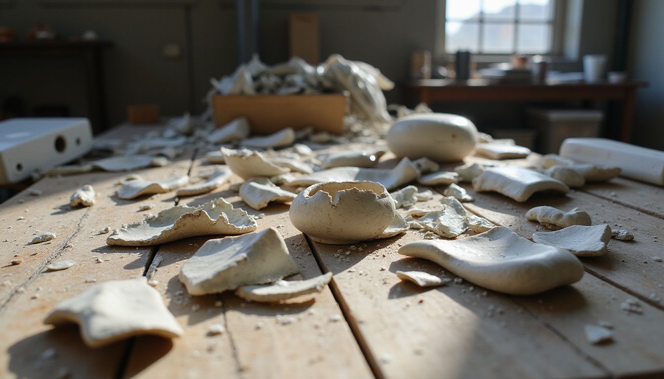 A cluttered table displays shattered and defective manufactured products.