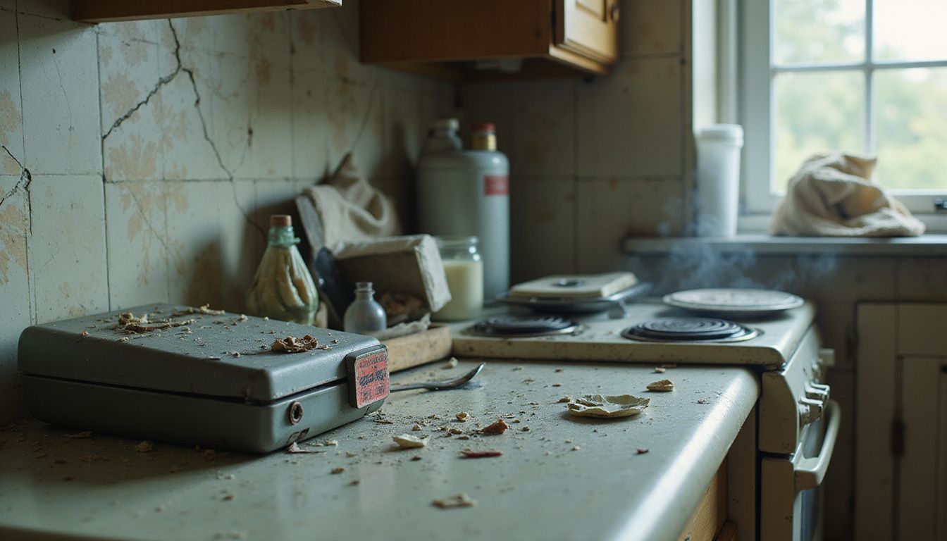 A damaged electronic device smolders on a worn kitchen countertop.
