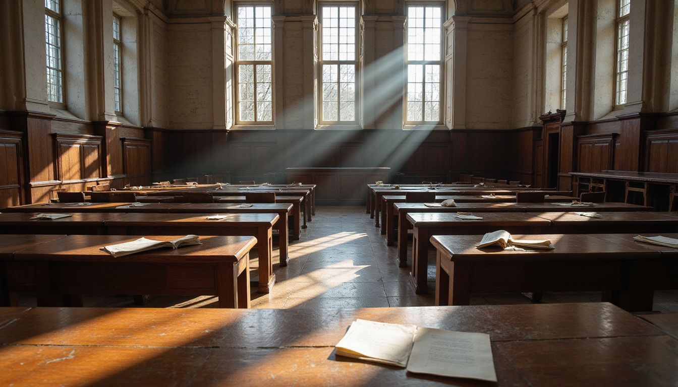 An empty courtroom with aged furnishings and scattered papers.