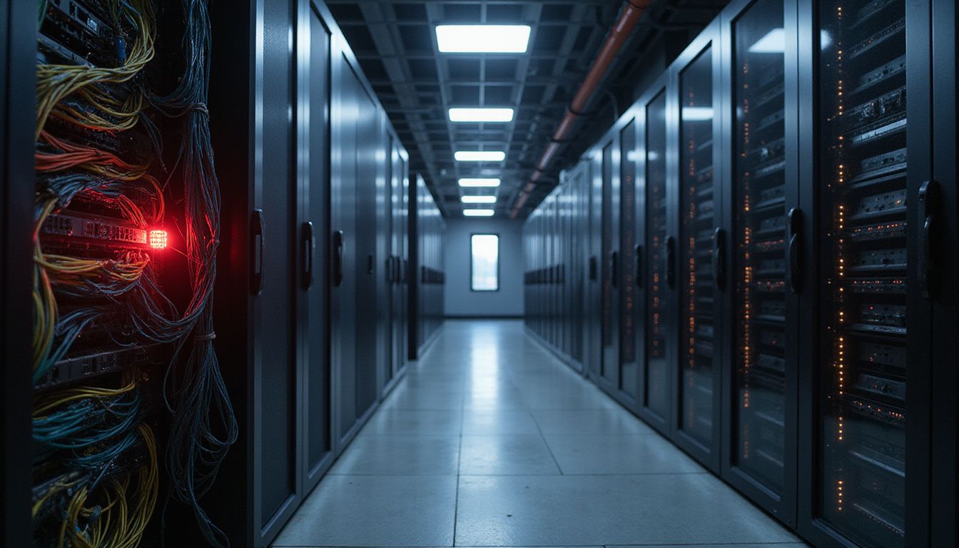 A dimly lit server room shows a cybersecurity breach warning light.