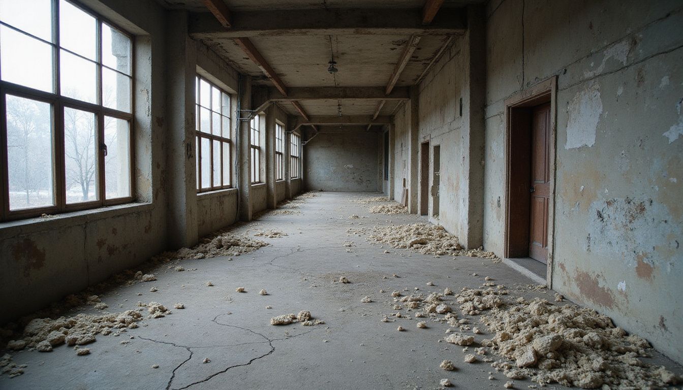 Abandoned industrial complex littered with hazardous asbestos insulation and decay.