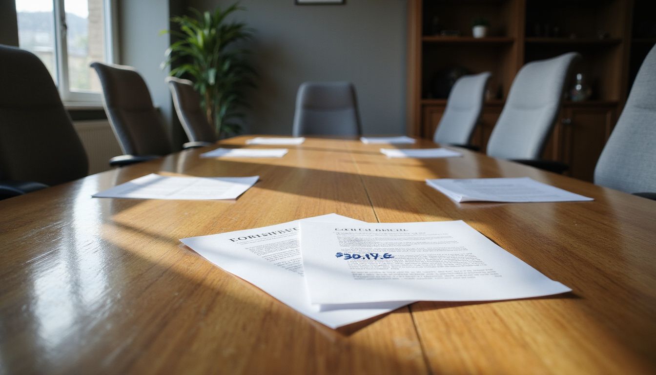 A polished oak table with legal documents and empty office chairs.