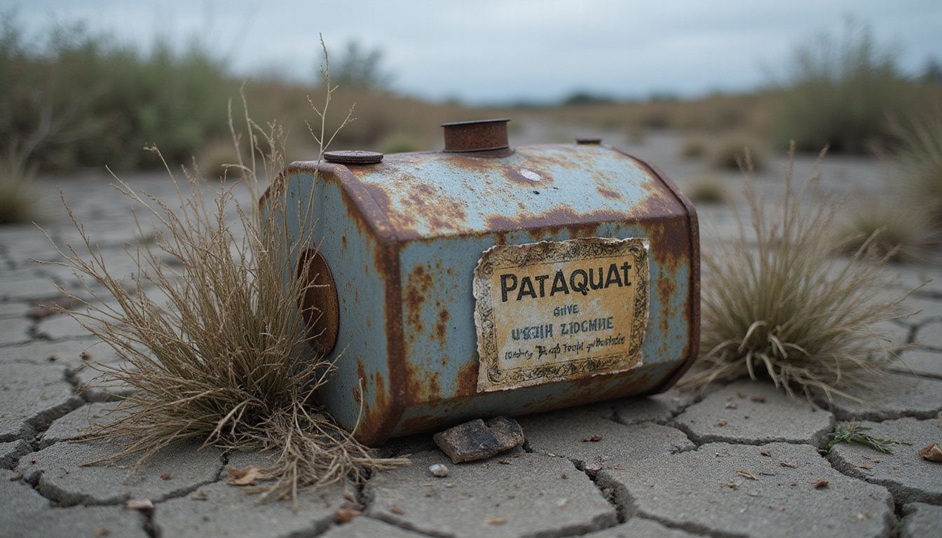 Abandoned rusted herbicide container in a desolate, neglected field.
