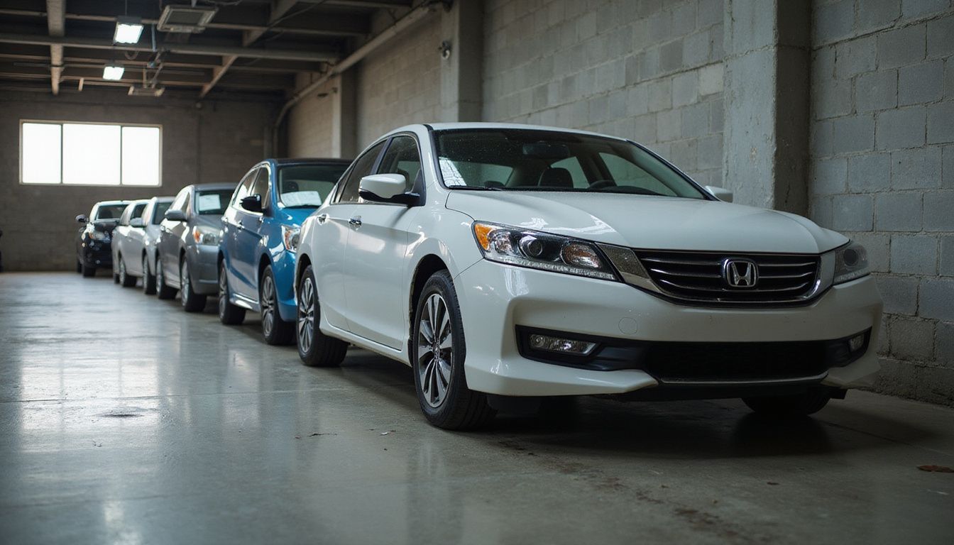 A lineup of recalled vehicles in a vacant garage.