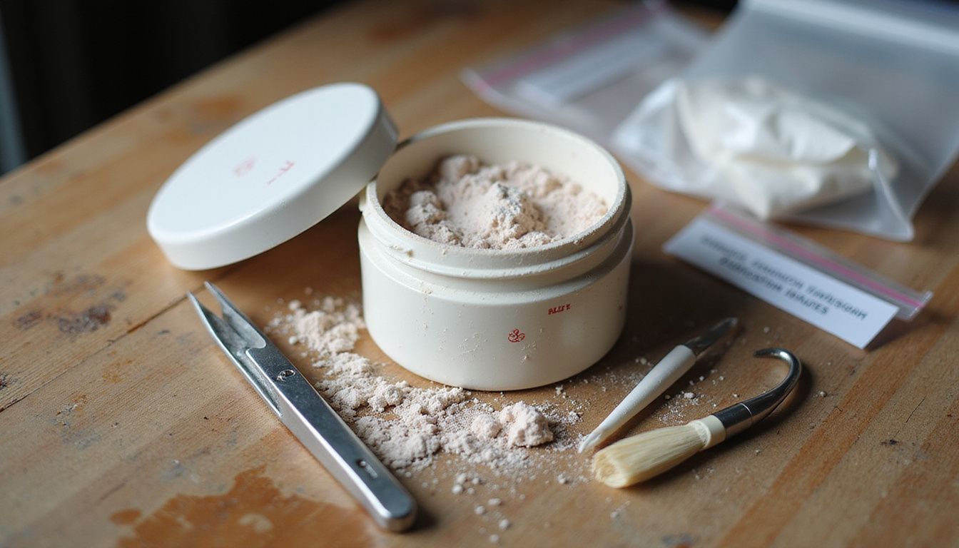 Close-up of a worn talcum powder container on a forensic table.