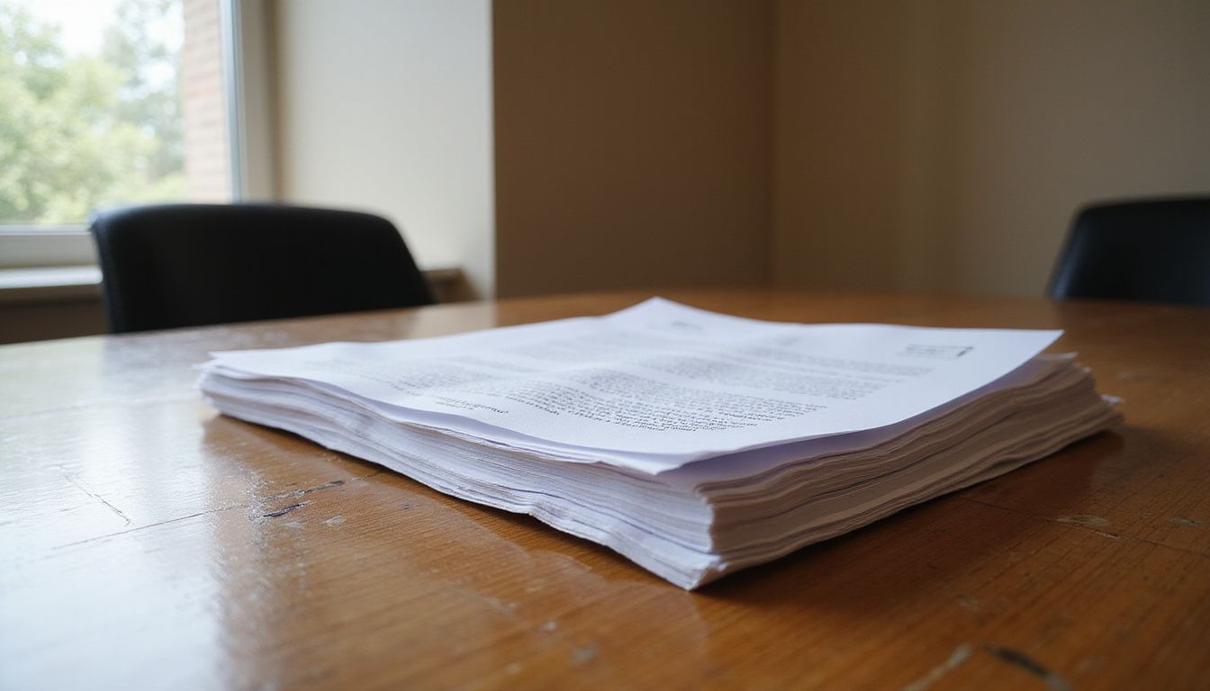 A neatly stacked pile of legal documents on a polished desk.