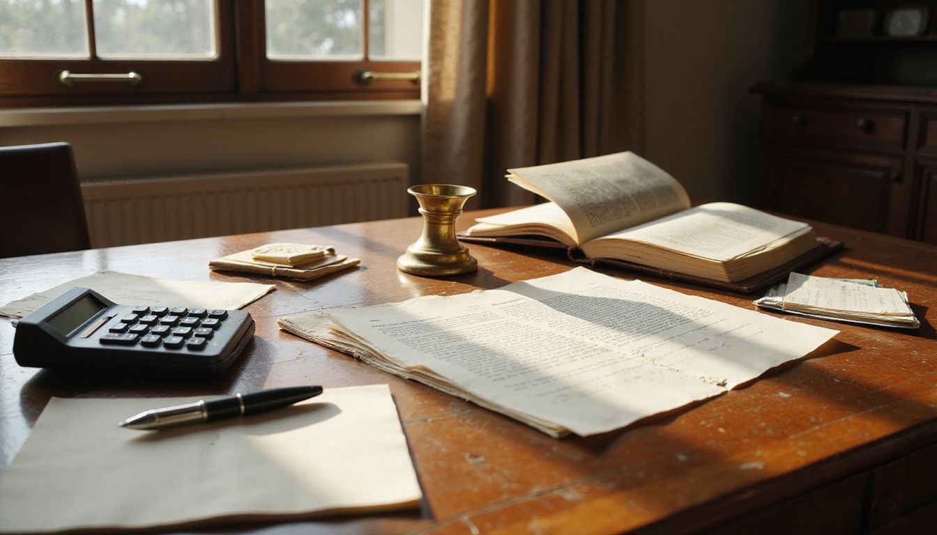 A vintage wooden desk with legal documents and classic office supplies.