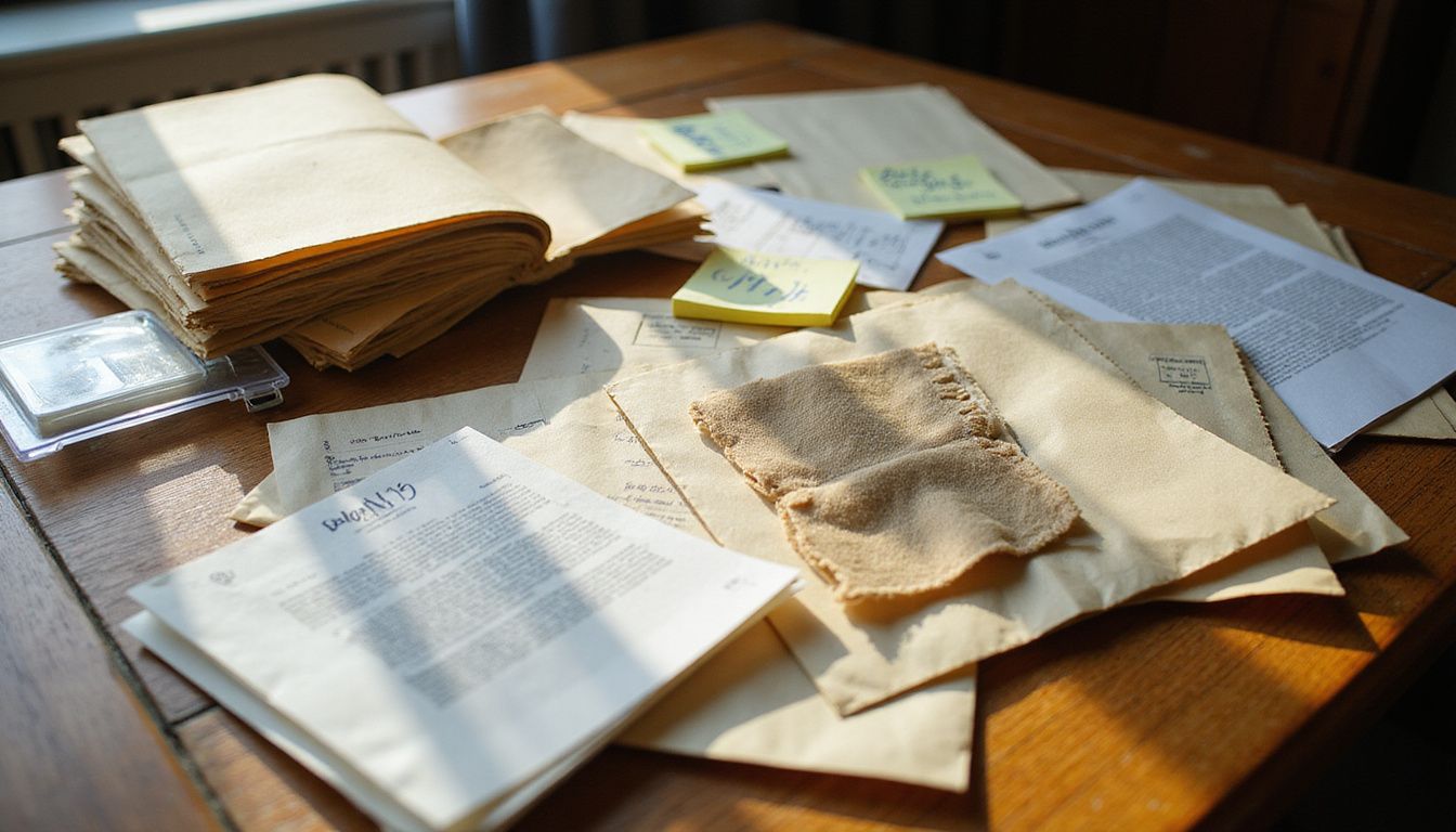 A cluttered desk displays legal documents and evidence for investigation.