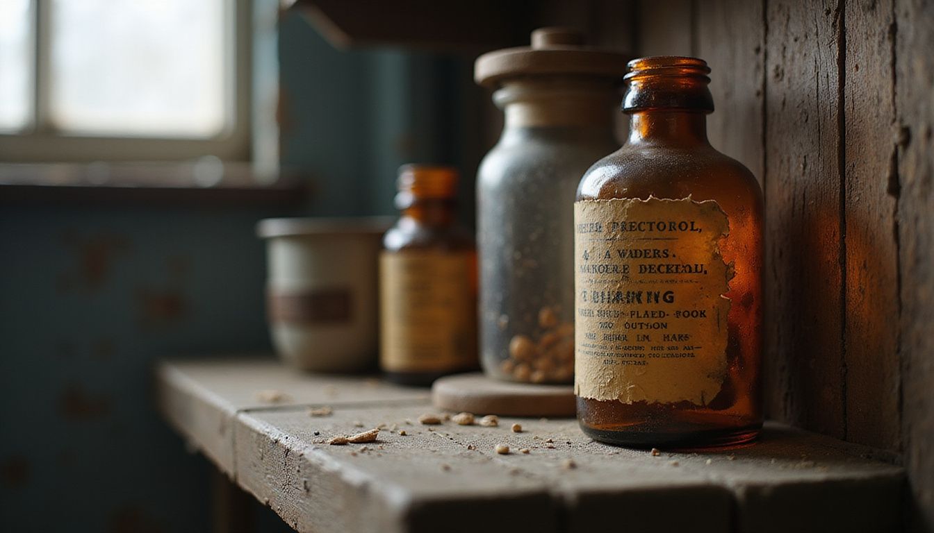 A vintage amber glass pill bottle sits on a dusty shelf.