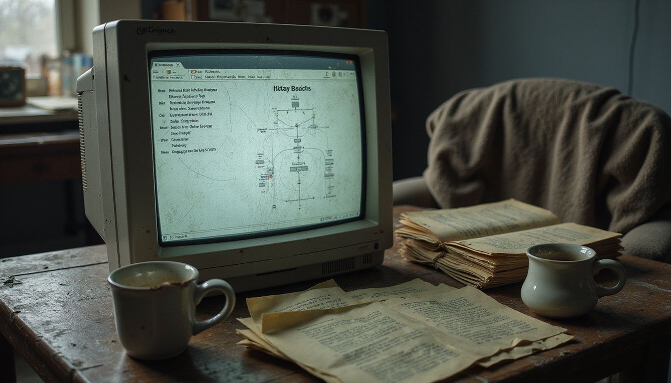 An aged computer monitor amidst cluttered papers and stained mugs.