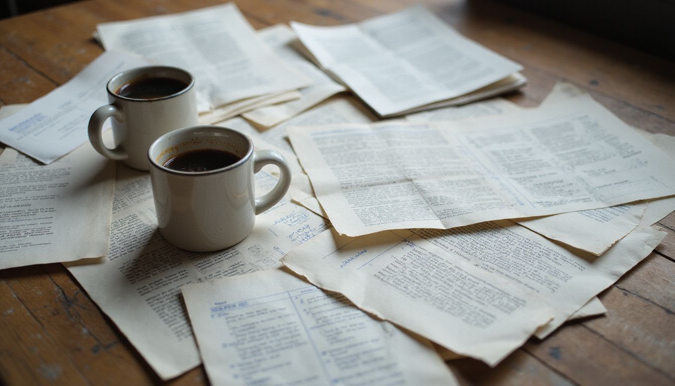 A cluttered wooden desk with documents and coffee cups tells a story.