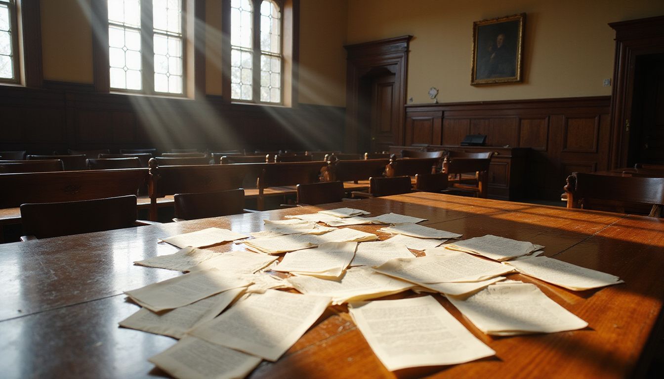 An empty courtroom with a polished mahogany table and legal documents.
