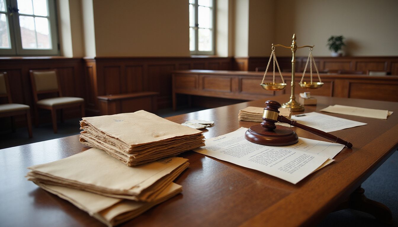 A serene courtroom prepared for legal proceedings, featuring a judge's bench.
