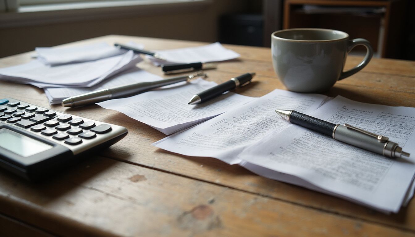 Cluttered office desk filled with paperwork and tools for calculations.