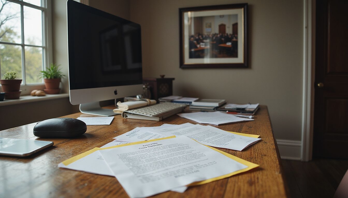 A wooden law office desk cluttered with documents and business cards.