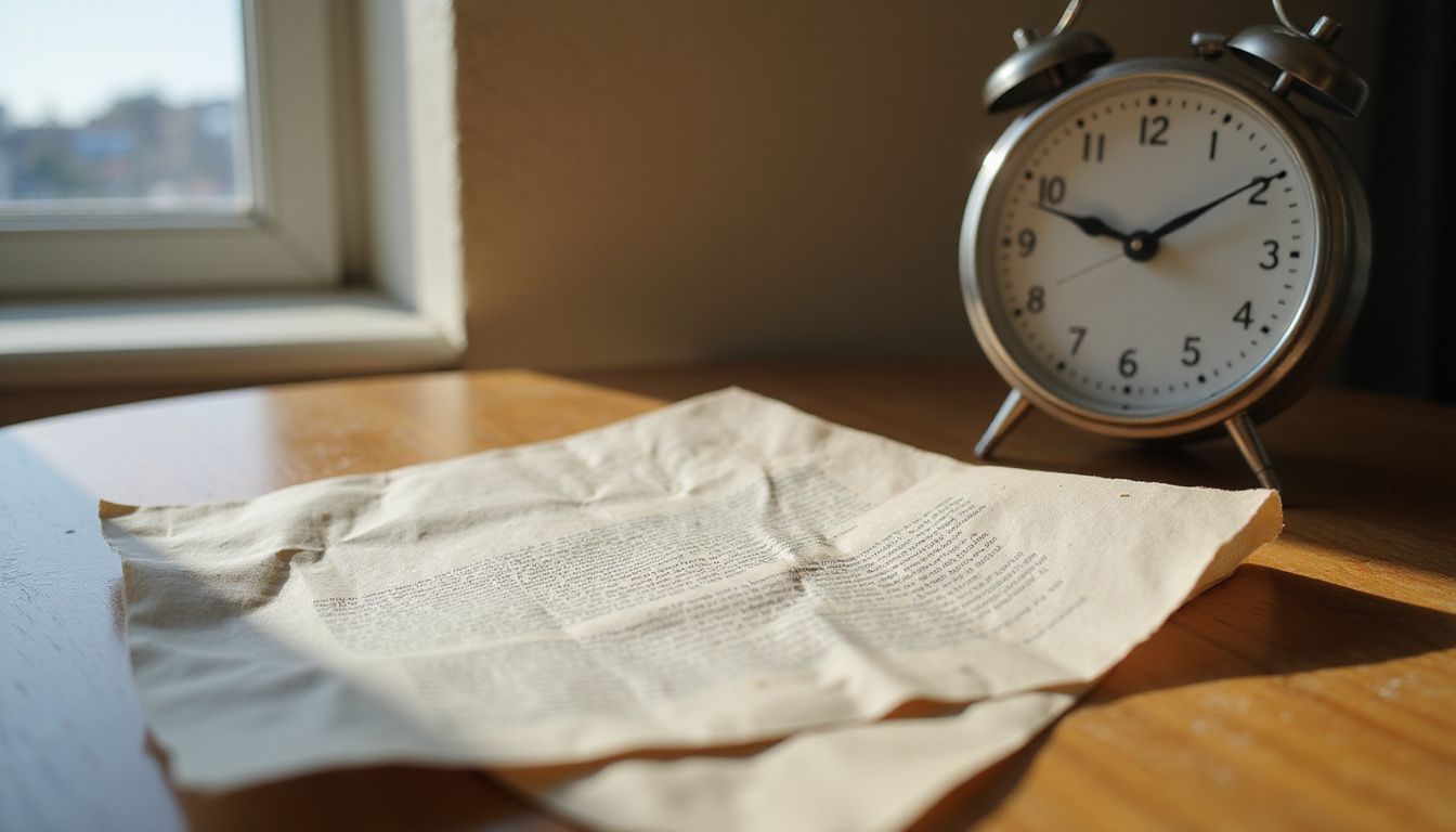 A worn legal document and clock evoke urgency over missed deadline.