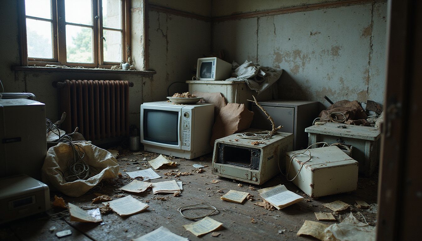 A cluttered storage room filled with broken appliances and neglected manuals.